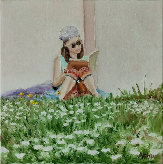 Painting of a young college girl wearing a bandana and sunglasses sitting on the campus lawns seen engrossed in reading a book