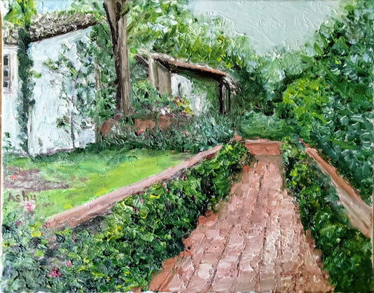 Painting of the Trabuco Canyon Monastery in Orange County California on a rainy afternoon