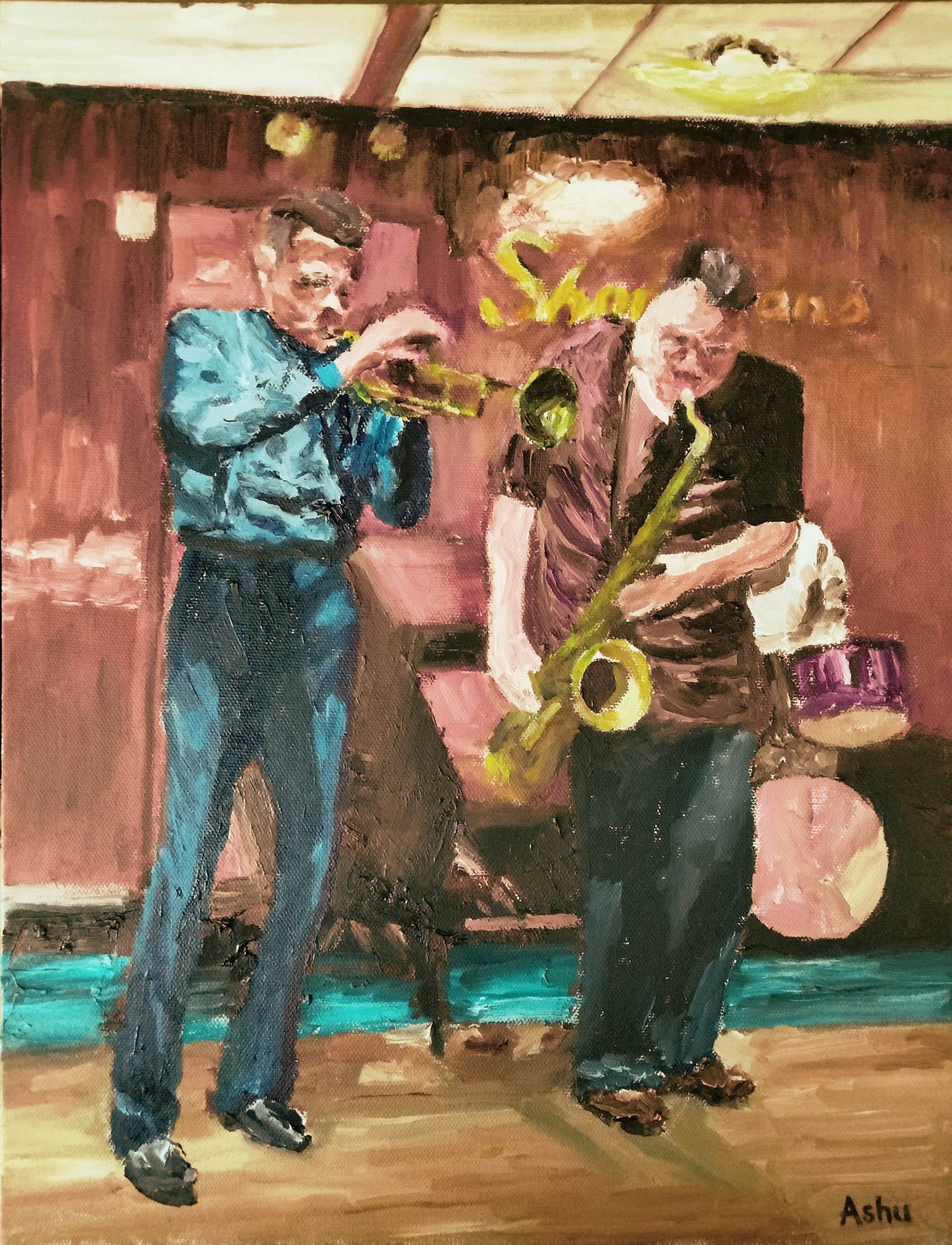 Painting of a trumpeter and a saxophonist duo engrossed in performing a duet at a quaint jazz club in Harlem, New York