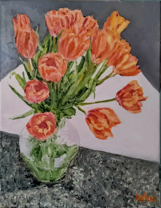 Painting of bright orange colored long stem tulips flowers in a glass vase