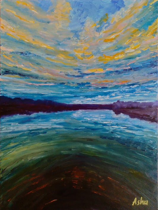 Painting of an expansive colorful twilight sky reflecting in the vast ocean waters, creating an almost perfect symmetry