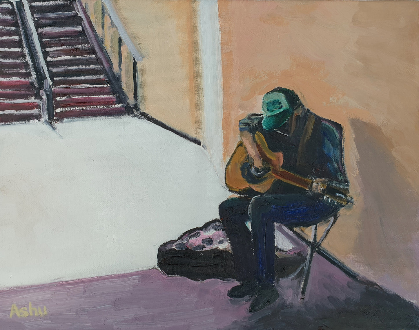 Painting of street musician playing guitar in a subway underpass