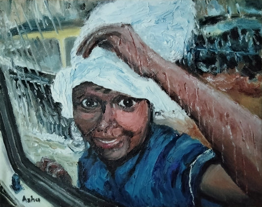 Painting of a street urchin in the pouring monsoon rains of Mumbai looking into the car window