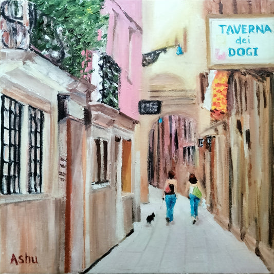 Painting of two women walking with a little dog in a narrow alley of Venice on a bright afternoon