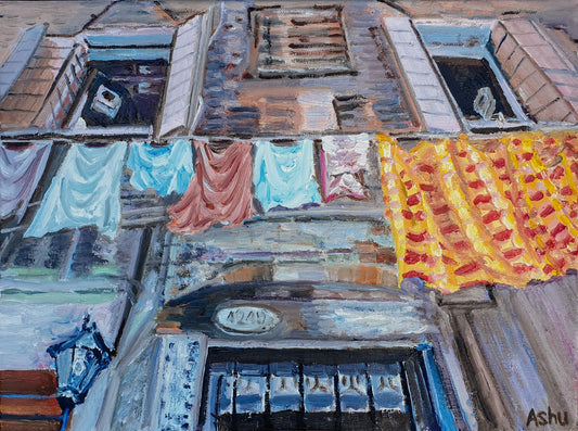Painting of clothes hanging on a wire outside a two-story house in Venice