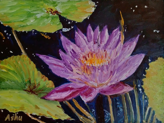 painting of a vibrant purple full bloomed water lily surrounded by large lily leaves