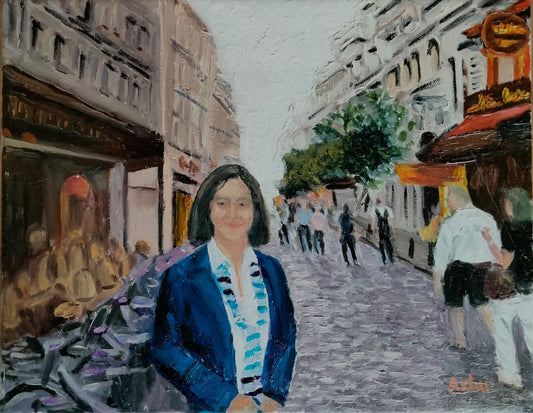 Paining of woman posing for a photo on a street of Paris on a summer evening