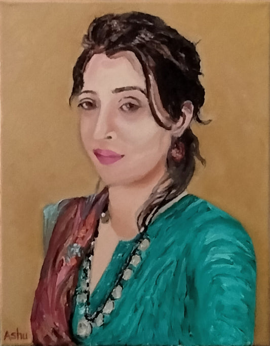 Painting of a young brown-eyed woman with thick wavy dark brown hair dressed in a bright turquoise colored South Asian attire