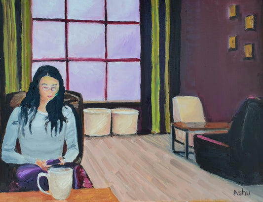 Painting of Woman looking at her phone in a secluded café with modern interior