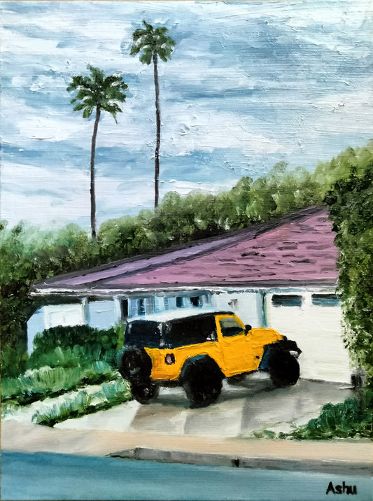 Painting of a bright yellow jeep, an American icon, parked outside a bungalow in the suburb of Los Angeles