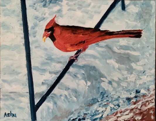 Painting of a red cardinal bird perched on a branch against a snowy background.