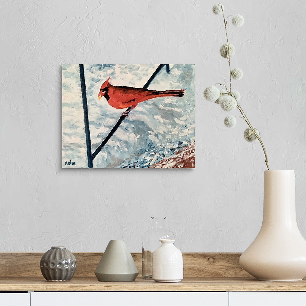"Cardinal Calling" - Winter Bird Painting