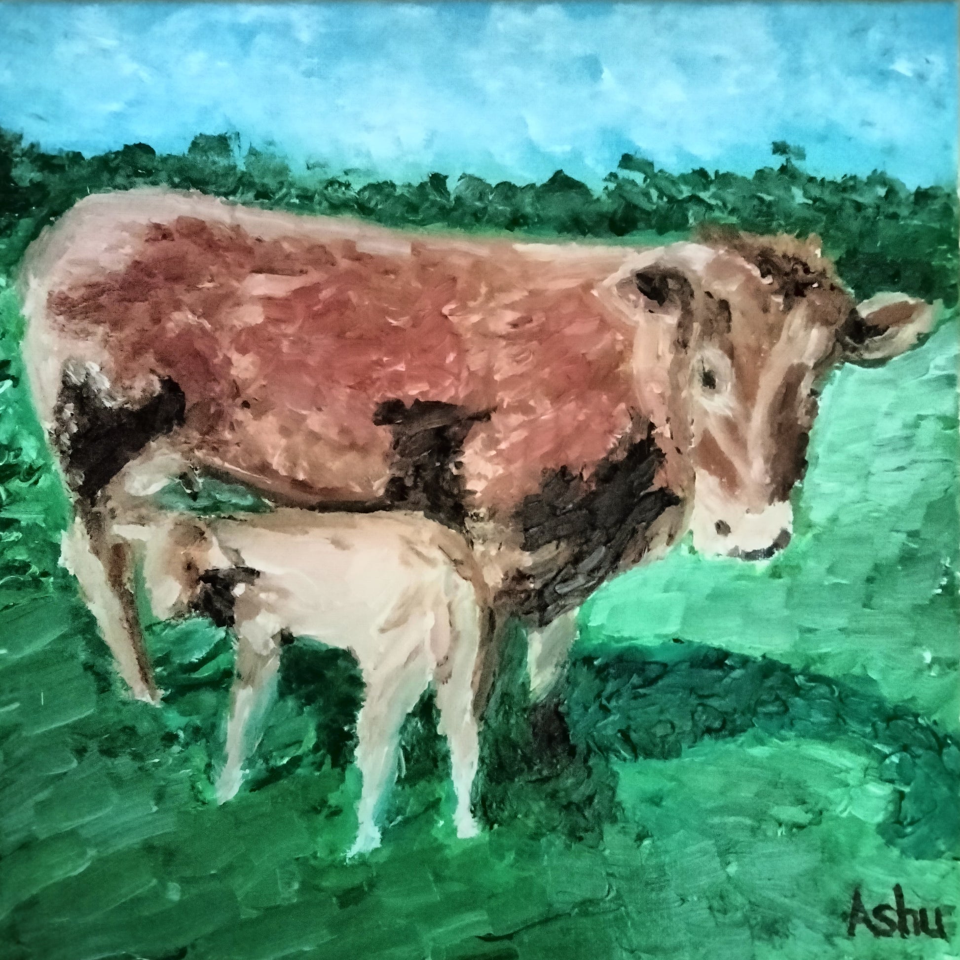 Painting of a cow and a calf standing on green ground with a blue sky background