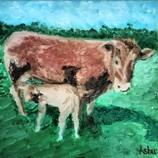 Painting of a cow and a calf standing on green ground with a blue sky background