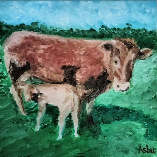 Painting of a cow and a calf standing on green ground with a blue sky background