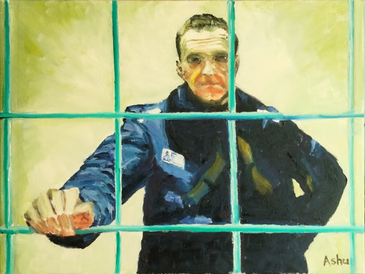 Painting of Alexey Navalny appearing in court behind bars, over TV screen, looking somber, yet defiant. The aura from the bright light behind him makes him appear surrealistic.