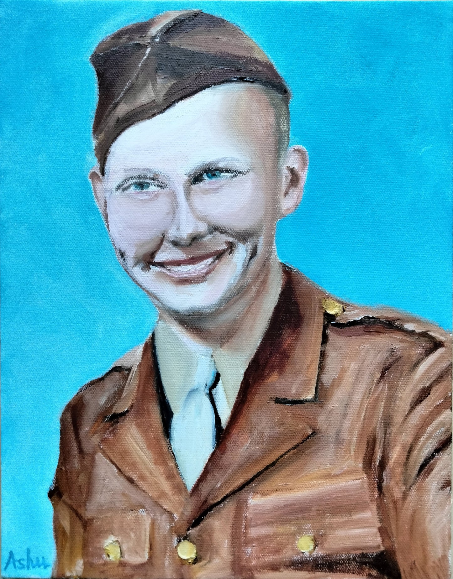 Portrait painting of a young soldier in World War II US Army uniform