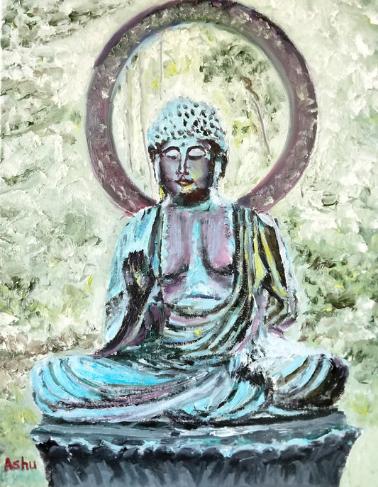 Figurative painting of a larger than life statue of Amitava Protection Buddha in San Francisco's Japanese Tea Garden