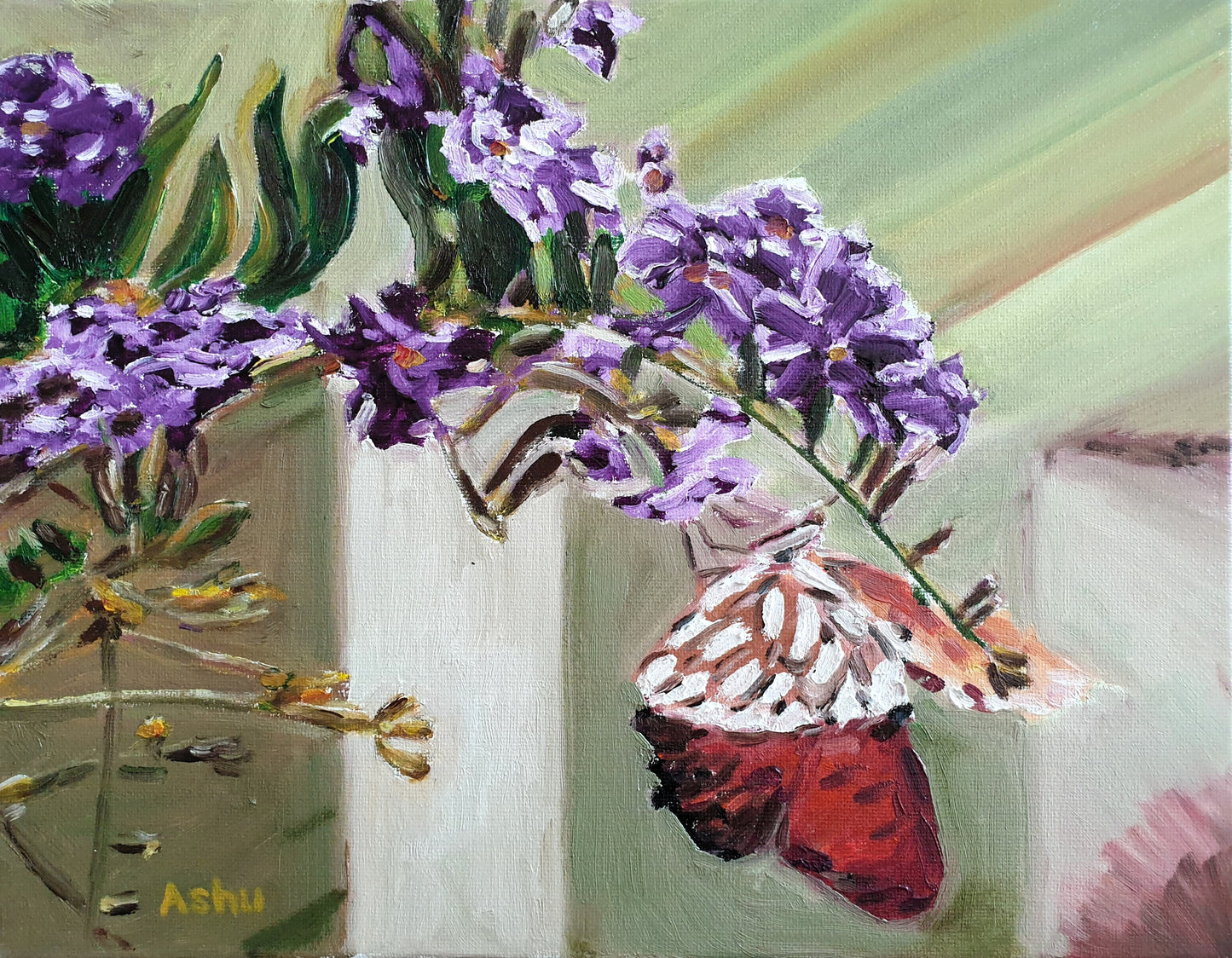 Nature painting of upside-down monarch butterfly hanging on the vine of purple clementis flowers