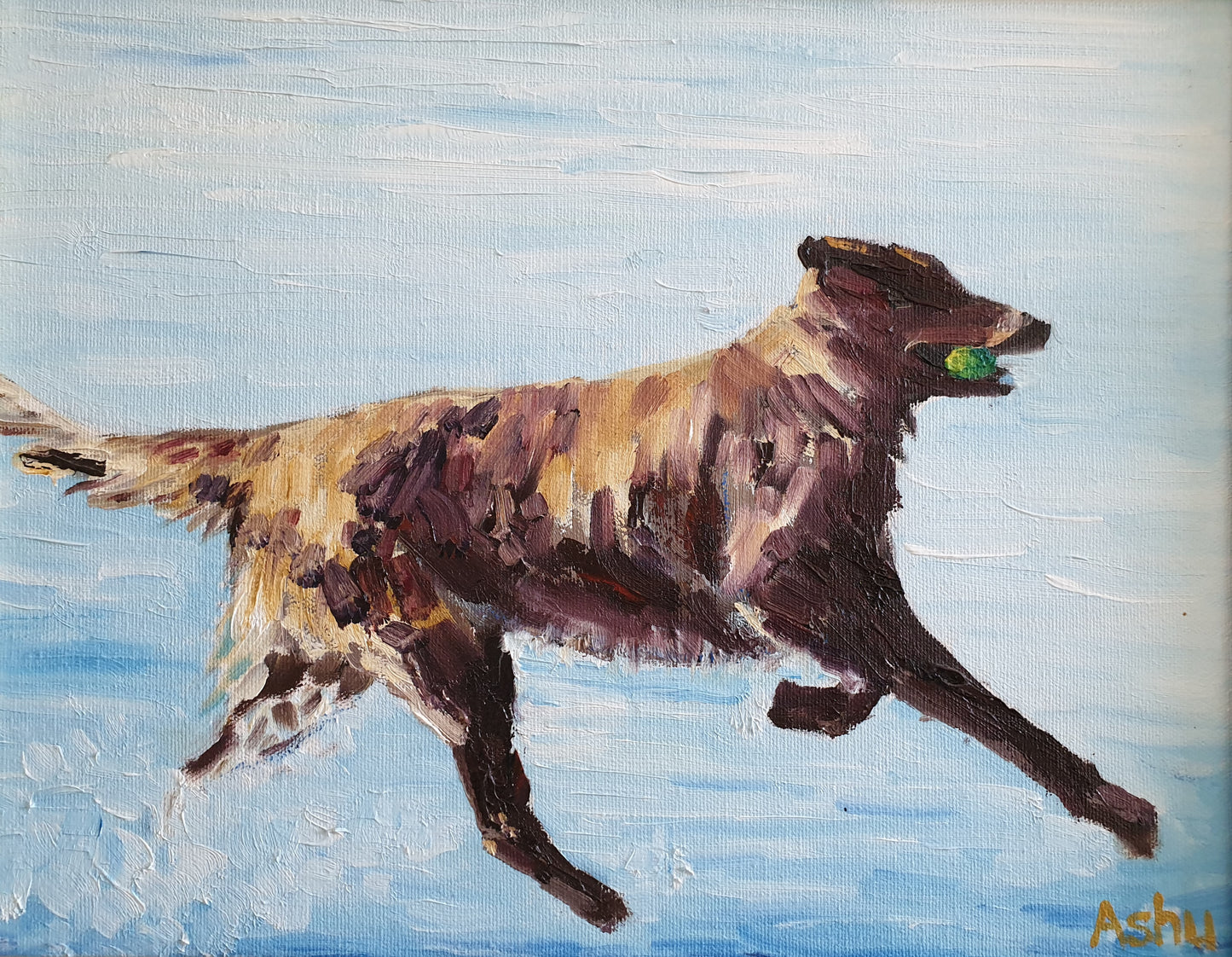 A canvas painting of a Golden-Retriever dog running on a beach with a tennis ball in its mouth, with a blue sky and ocean in the background.