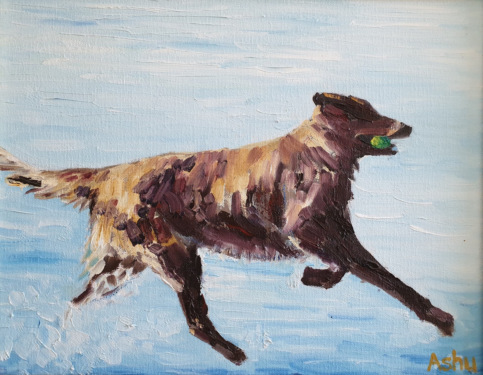 A canvas painting of a Golden-Retriever dog running on a beach with a tennis ball in its mouth, with a blue sky and ocean in the background.