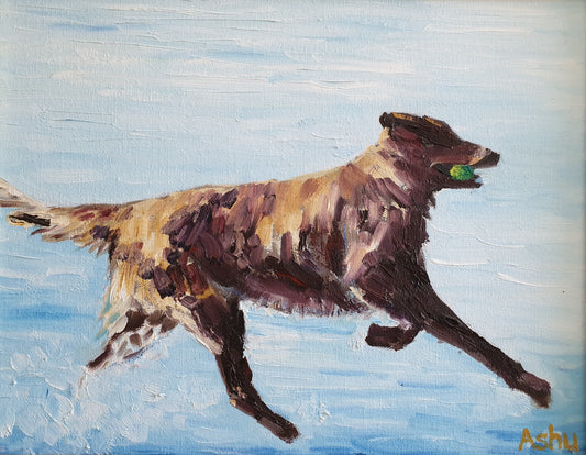 A canvas painting of a Golden-Retriever dog running on a beach with a tennis ball in its mouth, with a blue sky and ocean in the background.